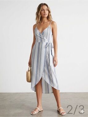 Striped Blue Wrap Midi Dress with Tie - Women